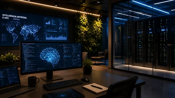 Infraestrutura para inteligência artificial com servidores, GPUs e ambiente de HPC em data center moderno