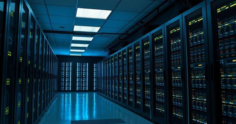 Data center moderno com servidores de alta performance e rede global representando infraestrutura para inteligência artificial e HPC