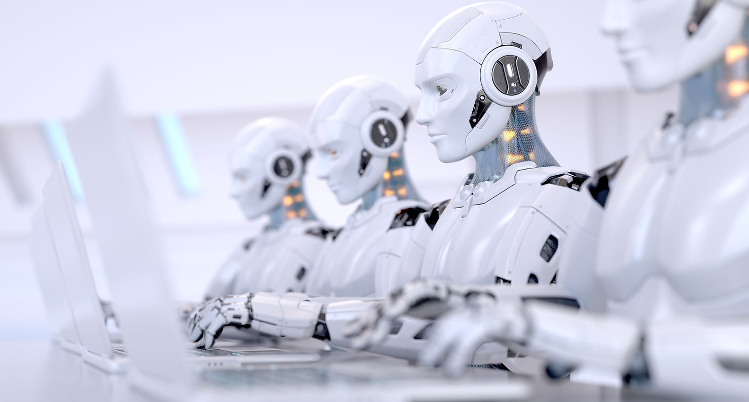 Representação da integração entre IA, agentes e automação no ambiente de trabalho, simbolizando os “robôs digitais” que passam a executar tarefas e atuar em conjunto com as pessoas nas organizações.
