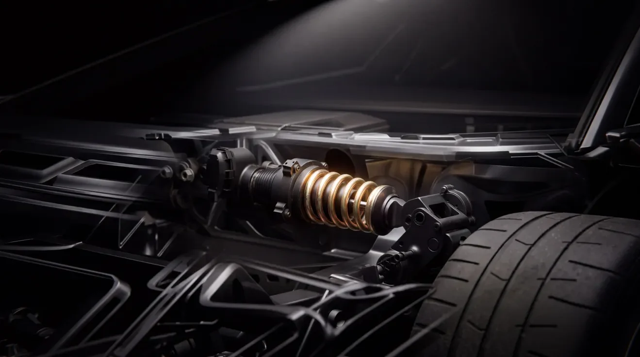 Detalhe do sistema de suspensão do Tesla Roadster, que combina engenharia automotiva avançada e tecnologias de alto desempenho em um projeto que promete ultrapassar os limites dos carros elétricos convencionais.