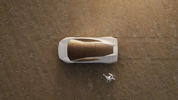 Demonstração do Tesla Roadster realizando uma manobra aérea com auxílio de propulsores, ao lado de uma estrutura de testes, destacando a proposta de levar tecnologias aeroespaciais ao universo automotivo.